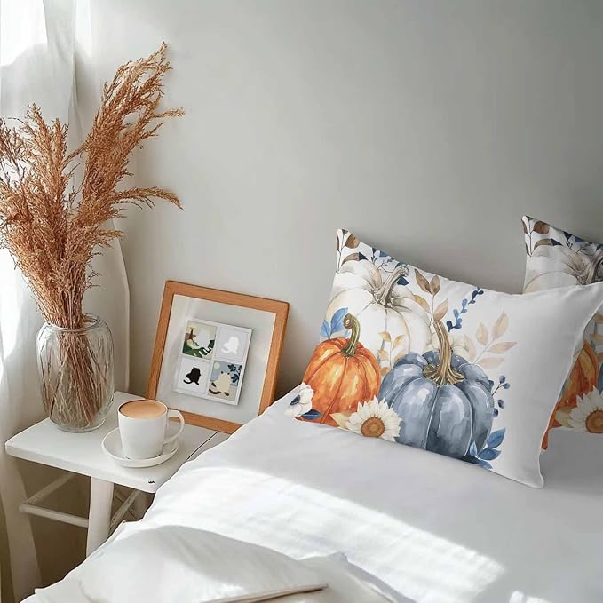 Fall Outdoor Throw Pillows Covers 20x12 inch Set of 2 Waterproof Blue White Pumpkin Zippered Cushion Covers for Patio Furniture, Autumn Eucalyptus Leaves Flower Thanksgiving Lumbar Pillowcases