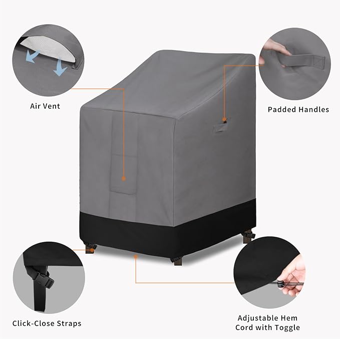 Easy-Going Heavy Duty Outdoor Stackable Chair Cover, Waterproof Patio Chair Cover, Windproof Outdoor Furniture Cover with Air Vent (2 Pack-28Wx36Dx47H inch, Gray/Black)