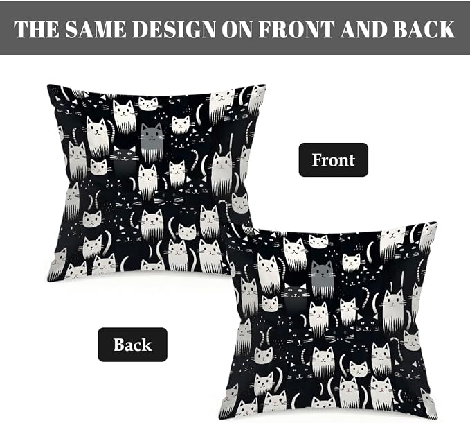 18x18 Inch Outdoor Pillow Covers Set of 2 Waterproof Throw Pillow Covers Decorative Couch Cushion Covers Cats Black White Square Pillowcases Protectors for Patio Garden Sofa
