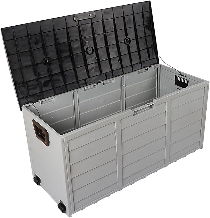 75-Gallon Resin Deck Storage Box – Outdoor Patio Container with Side Handles, Lockable Design for Furniture Cushions, Pool Gear & Garden Tools