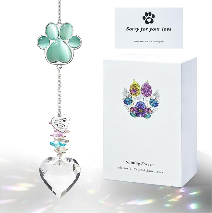 Dog Memorial Gifts, Pet Memorial Suncatcher, Loss of Dog Sympathy Gift | Thoughtful Dogs and Cats Bereavement Remembrance Gifts, Natural Cat's Eye Stone Paw Crystal Suncatcher