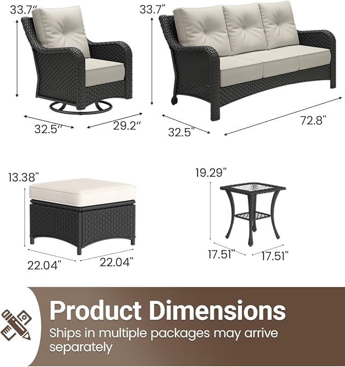 6 Pieces Outdoor Furniture Set with 6-inch Cushions, High Back Wicker Swivel Rocker Chairs with Coffee Table, Luxury Conversation Set for Deck Patio and Poolside
