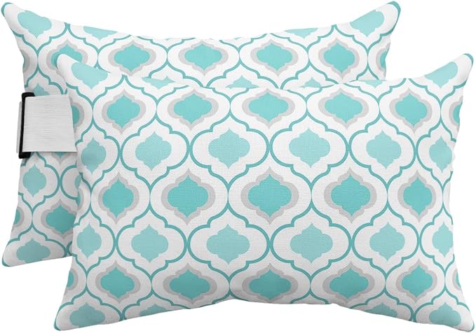 Outdoor Pillows Covers with Inserts Teal Green Turquoise Moroccan Pattern Geometric Waterproof Pillow with Adjustable Strap Throw Pillows for Patio Furniture Recliner Lounge Chair, 12x20 inch, 2PCS