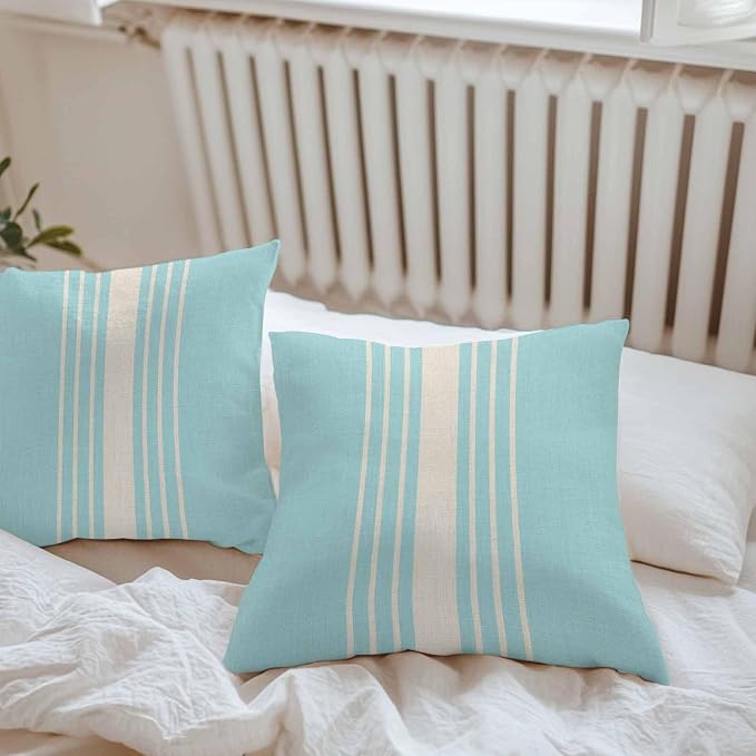 Outdoor Waterproof Pillows Cover Pack of 2 Modern Light Blue Striped Burlap Texture Decorative Pillowcases with Zipper Cushion Case for Patio Tent Couch Garden 20 x 20 Inches
