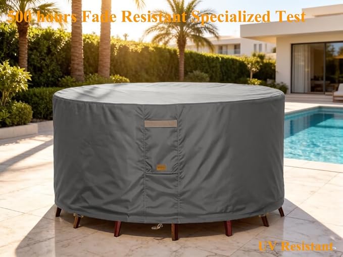 600D Heavy Duty Waterproof Patio Furniture Covers UV Resistant Round Outdoor Table Chair Covers Large Round 84"Diax28"H Dark Grey