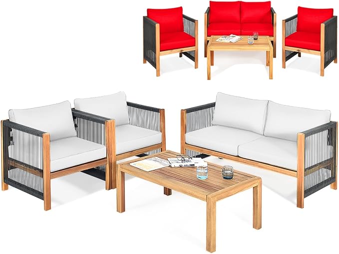 Tangkula Outdoor Wood Furniture Set with 2 Set Cushion Covers, 4 Pieces Cushioned Patio Conversation Set, for Garden Balcony Poolside Outdoor Living (1, WH-RE)