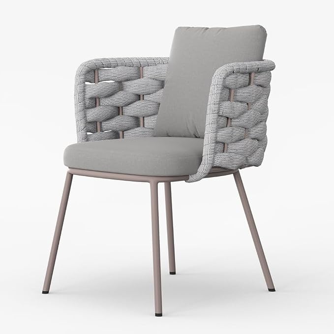 2-Piece Mid Century Modern Outdoor Patio Dining Chairs - Aluminum & Rope Woven Armchairs, Gray Cushions for Comfortable Outdoor Seating