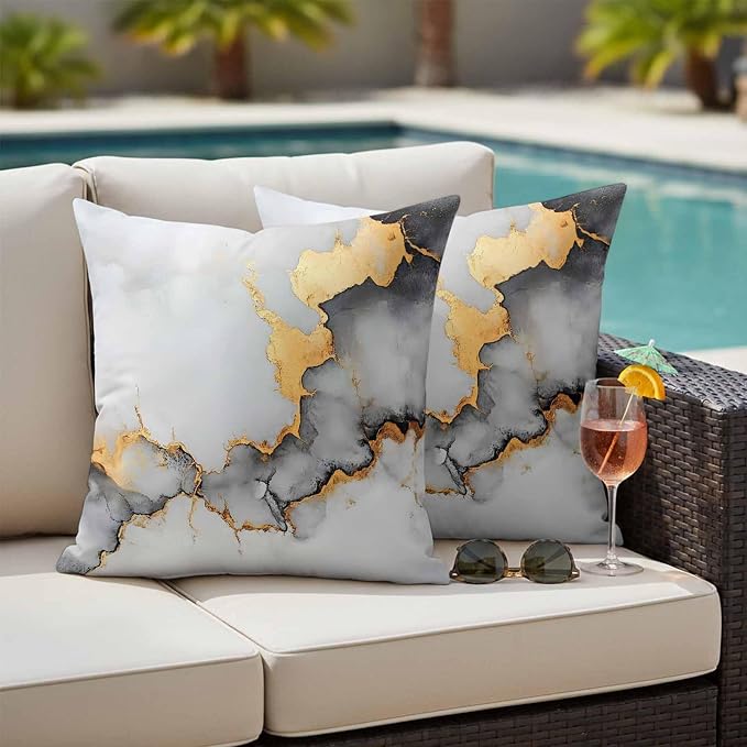 Abstract Marble Texture Outdoor Waterproof Throw Pillow Covers Set of 2, 20"x20", Grey White Gradient Gold Crack Art Decorative Pillow Covers Outside Cushion Case for Patio Porch Garden