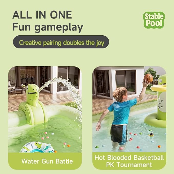 Rectangular Family Inflatable Swimming Pool, Green Dinosaur, 152.8 inches 3-Layers PVC Inflatable Walls, Outdoor Backyard
