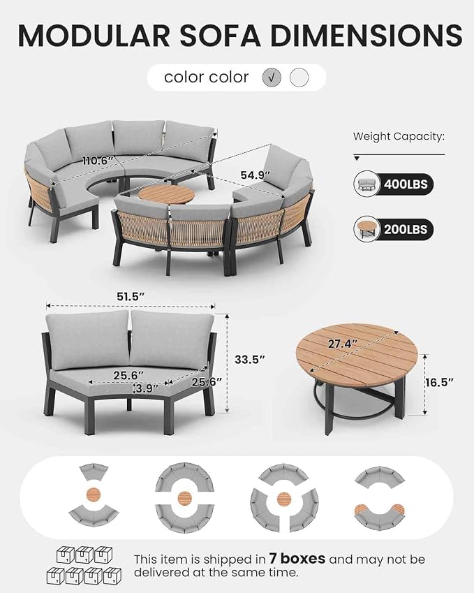 Half Moon Patio Furniture Set, Aluminum Curved Patio Conversation Sets, Luxury Outdoor Sectional Sofa with PE Rope, All-Weather 7 Pcs Outdoor Couch with Modular Coffee Table & Cushions, Gray