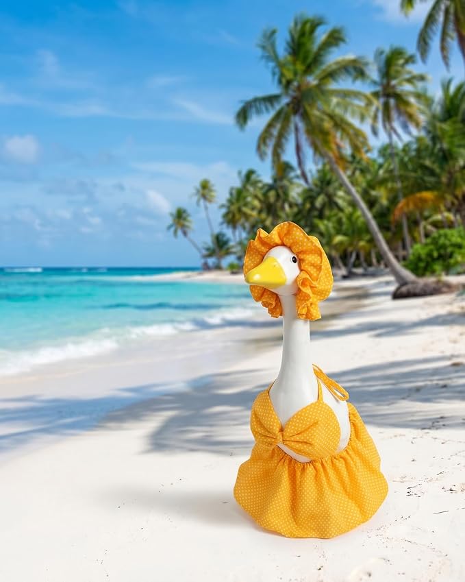 Summer Porch Goose Outfits Bikini with Sun Hat, 23" Yellow Polka Dot Hawaiian Swimsuit Lawn Cement Goose Clothes, Cute Porch Goose Swimsuit for Garden Decor, Best Gift for Mom Grandma