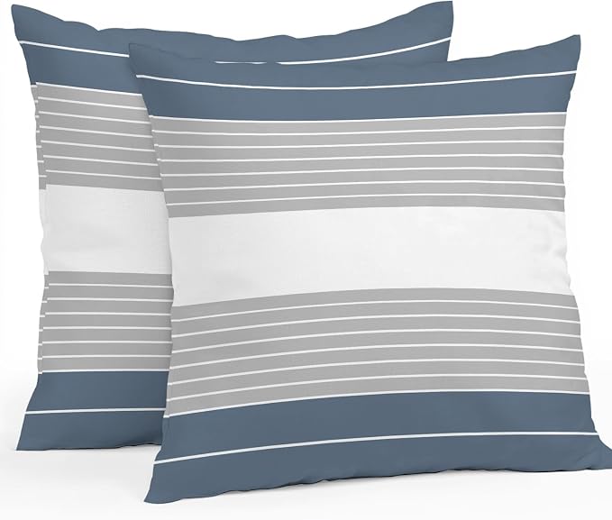 Haze Blue Grey Stripe Outdoor Pillow Covers Waterproof, All Weather Cushion Case Set of 2, Modern Art Horizontal Striped Decorative Pillowcases for Sofa Couch Bed Decor Patio Furniture 18"x18"