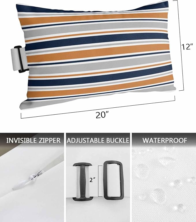Pack of 4 Outdoor Lumbar Pillow Covers 12x20 Inch, Orange Grey Striped Waterproof Throw Pillow Covers Set, Farmhouse Stripes Modern Abstract Art Outside Decorative Cushion Cases for Patio Porch Car