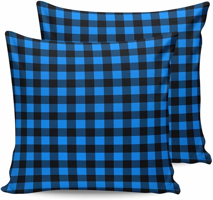Outdoor Waterproof Throw Pillow Covers Set of 2 Buffalo Plaid Pillowcases 16x16 Inches Pastoral Blue Black Checked Decorative Pillows Cushion Case Patio Pillows for Couch Bed Chair Garden
