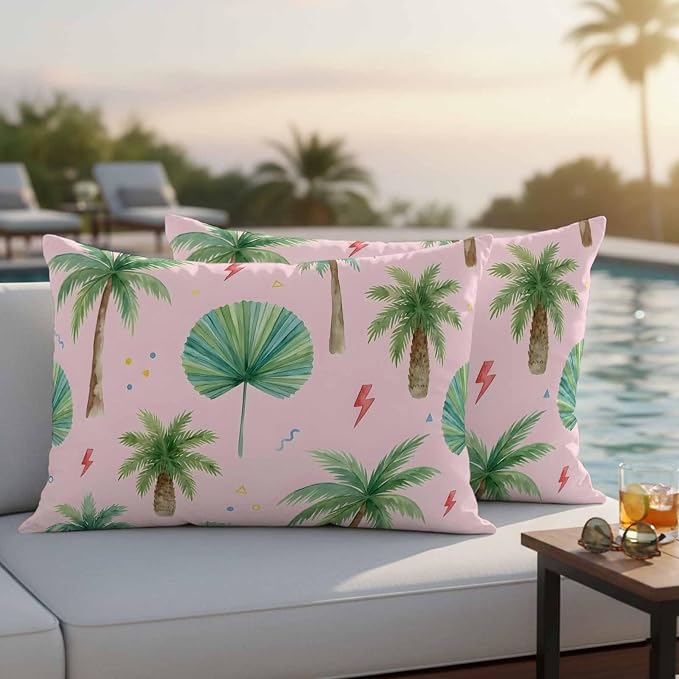 Yukro Tropical Palm Tree Outdoor Waterproof Pillow Covers Pack of 2, Lightning Summer Pink Boho Throw Pillowcases Decorative Cushion Covers for Garden Patio Tent Sofa Couch, 20x12 inch