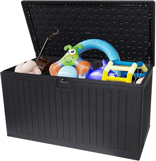 230 Gallon Resin Outdoor Deck Box Waterproof, Extra Large Patio Storage Box with Lockable Storage Containers for Patio Furniture Cushions, Pool Accessories, Garden Tools