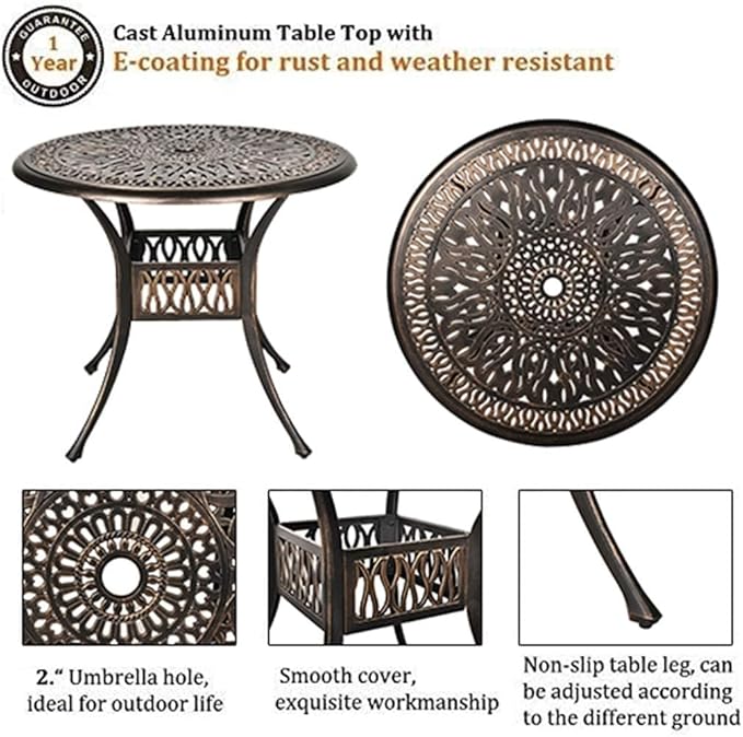 Grepatio 5 Piece Outdoor Dining Set Cast Aluminum Patio Dining Set Table and Chairs Outside Furniture 4 Chairs and 1 Umbrella Hole Table for Lawn Garden Patio (Red)