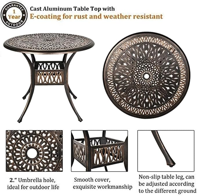 TITIMO 5-Piece Cast Aluminum Outdoor Patio Dining Set, 4 Pattern Chairs and Table, Cast Aluminum Conversation Set with 2.2” Umbrella Hole, 1 Round Table and 4 Swivel Chairs with Cushions (Khaki)