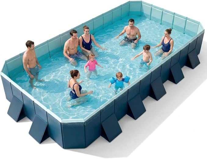 13ft Non-Inflatable Foldable Pool, Reinforced Panel Support, 4-Layer Anti-Scratch Material, Heavy Duty Rectangular Pool for Family Kids Pets Backyard Slide Compatible Use