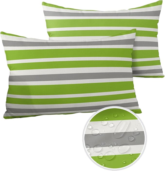 Outdoor Waterproof Pillow Covers for Patio Furniture Green Stripe Decorative Throw Pillow Cover Sage Green Lines Stripes Pillowcases Set of 2 Cushion Case for Sofa Couch Chair Home Decor 20 x 12 Inch