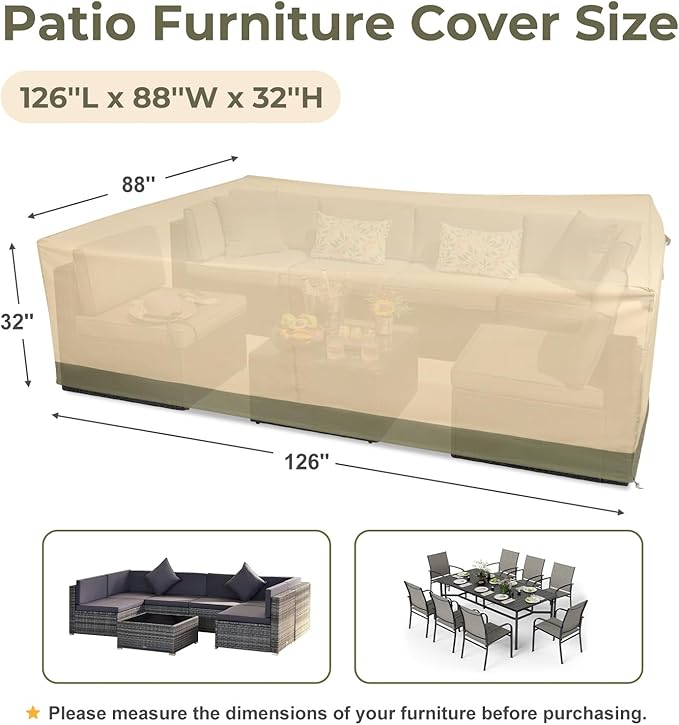 BPS Patio Furniture Cover for Outdoor Table and Chairs, 600D Waterproof and Anti-UV Patio Sectional Set Cover for Outside General Purpose Furniture, 126''L x 88''W x 32''H