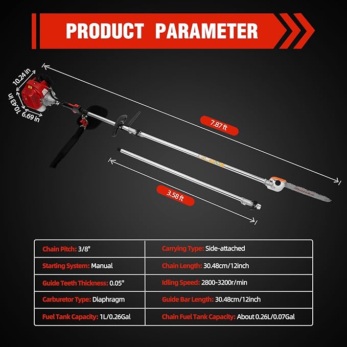 43CC 2-Stroke Grass Trimmer, 1250W Gas Trimmer Gas Powered Pole Saw Garden Pole Chainsaw for Lawn Yard Farmland Sawing High Branches and Small Trees Tree Trimmer