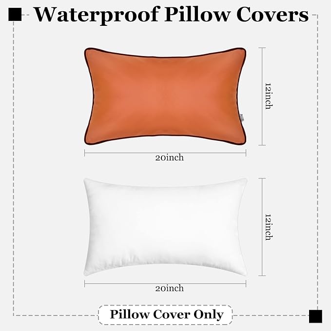 Pack of 2 Outdoor Pillow Cover 12x20 Inch Water Resistant Silicone Leather UV Fade Resistant Brown Lumbar Pillow Cover for Patio Garden Tent Couch