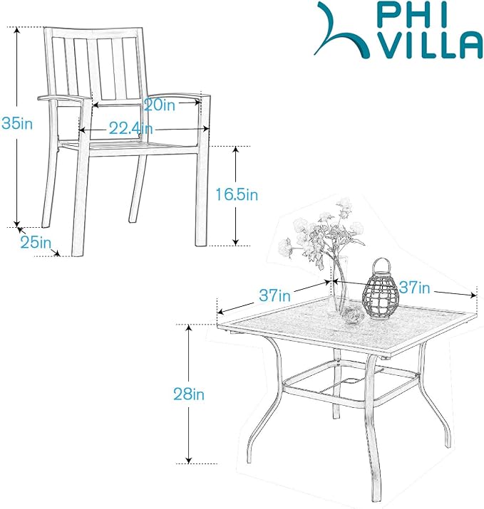 PHI VILLA Patio Dining Set Metal Outdoor Table and Chairs Furniture Set 5 Piece, 37" Square Bistro Table with Umbrella Hole and 4 Backyard Garden Chairs Support 300LBS for Deck, Lawn, Garden