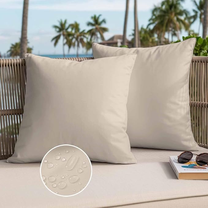 Throw Pillow Covers 20x20 Inch Set of 2, Beige Pure Color Waterproof Outdoor Pillow Covers, Aesthetics Contemporary Modern Decorative Cushion Pillowcases for Couch, Sofa, Bed, Garden, Patio
