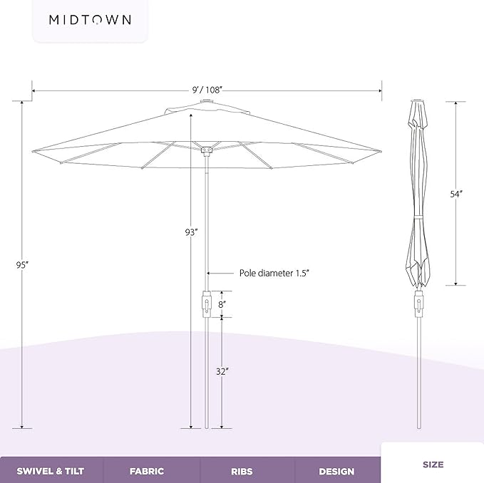 The Swilt 9 Feet Outdoor Umbrella With Terylast Ebony (Black) Polyester Fabric - Fiberglass Ribs, Auto-Tilt And Swivel Aluminum Frame Patio Umbrella For Deck, Garden, Pool - Black Pole