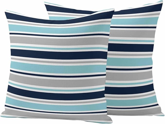 Grey Blue Striped Outdoor Pillow Cover 26x26 Inch Cushion Sham Case, Farmhouse Stripes Abstract Art Navy Blue Waterproof Decorative Square Throw Pillowcase for Outside Garden Patio Porch Couch Chair