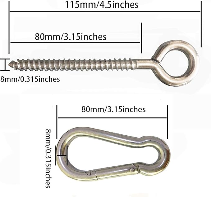 Hammock Hanging Kit, stainless steel hammock hardware by Load Capacity 1300lbs Hammock Eye Hook screws & Carabiners for Hanging Swing, Hammock, Tree, Indoor & Outdoor