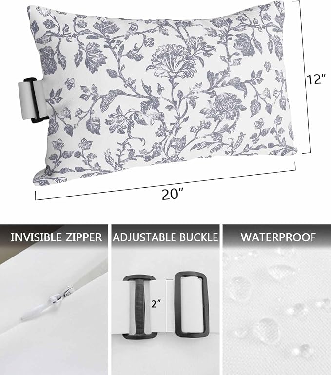 Pack of 2 Outdoor Lumbar Pillow Covers 12x20 Inch, Haze Blue Flower Waterproof Throw Pillow Covers Set, Vintage Farmhouse Boho Leaf Plant Indoor&Outdoor Decorative Cushion Cases for Patio Porch Beach