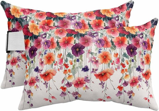 Pack of 2 Outdoor Lumbar Cushions with Inserts, Modern Colorful Flowers Watercolor Vine Texture Waterproof Fluffy Fade Body Pillows, Patio Furniture Pillow for Home Balcony Garden Decor 12x20IN