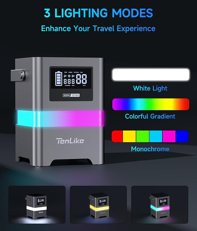 Portable P-ower S-tation, 300W Solar G-enerator 257Wh with Color LED Light, PD 100W Two-Way Fast Charge, AC Outlet Pure Sine Wave, DC, USB-A/USB-C, 120V P-ortable P-ower B-ank for Camping Home Outdoor