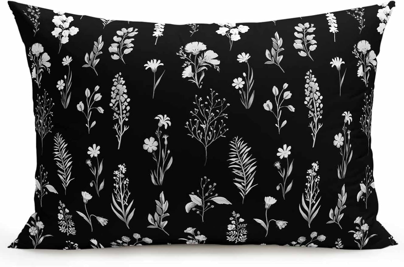 Outdoor Pillows with Inserts 12x20, Black Wildflowers Waterproof Outdoor/Indoor Throw Pillows, Farmhouse Botanical Garden Floral Decorative Pillow for Bed Couch Sofa Patio Furniture