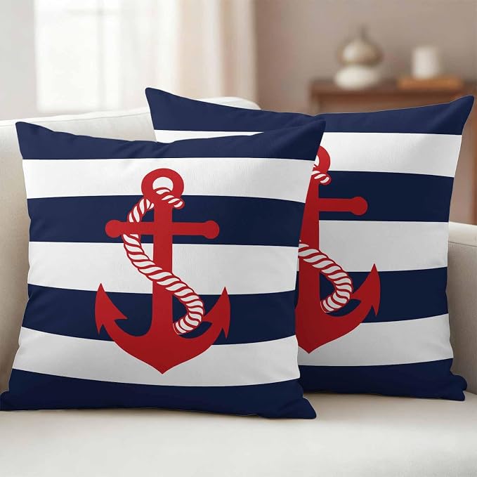 Nautical Anchor Outdoor Waterproof Throw Pillow Covers Set of 2, 16"x16", Coastal Navy Blue Stripe Decorative Pillow Covers Outside Cushion Case for Patio Porch Garden