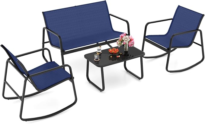 HAPPYGRILL 4 Pieces Patio Rocking Furniture Set with Loveseat, 2 Rocking Chairs & Glass-Top Coffee Table, Outdoor Porch Rocker Chair Conversation Set for Balcony, Poolside, Garden, Backyard (Navy)