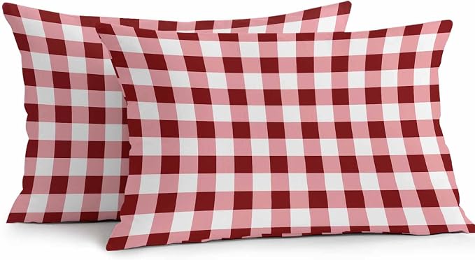 Red Farmhouse Waterproof Outdoor Pillow Covers Set of 2 Home Decor, Gradient Buffalo Plaid Lattice Grid Pillowcase Patio Pillow Covers for Couch Bench Furniture Garden 20x12in