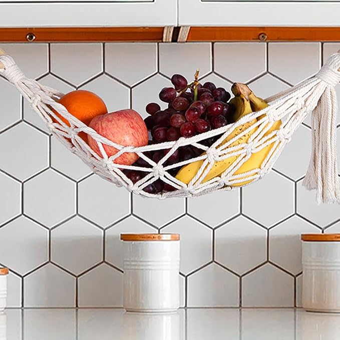 22 Inches Hanging Fruit Hammock Fruit Vegetable Hanger Basket Fruit Holder Net Banana Storage Hammock with 2 Pcs Screw Hooks for Kitchen Under Cabinet