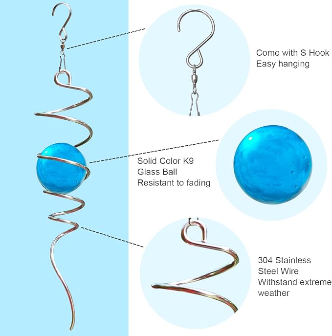 Gazing Ball Spiral Tail with 11inch Tail and 2inch Blue Glass Orb, Wind Spinner Stabilizer with Swivel Hook. Sun Catcher Rainbow Maker Hanging Decor for Garden Home Indoor Outdoor 13" H