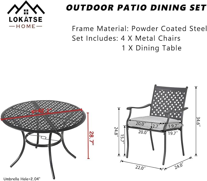 LOKATSE Home 5 PCS Outdoor Patio Dining Set with 4 Armchair with Cushions and 1 Round Table with 2.04" Umbrella Hole for Garden Backyard Poolside
