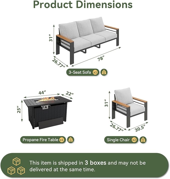 Aoxun Patio Furniture Set, Aluminum Patio Set with Fire Pit Table and 5" Thicken & Washable Cushion, Waterproof Outdoor Furniture, Outdoor Couch Sectional for Backyard (5 Seats/F, Grey)