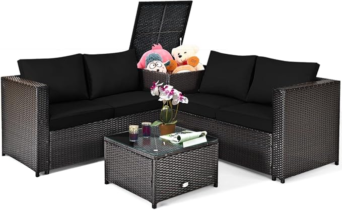 Tangkula 4 Piece Wicker Patio Set with Storage, All Weather-Proof Outdoor Conversation Set with Loveseat, Glass Top Coffee Table & Storage Box, Suitable for Garden, Poolside, Sunroom (1, Black)
