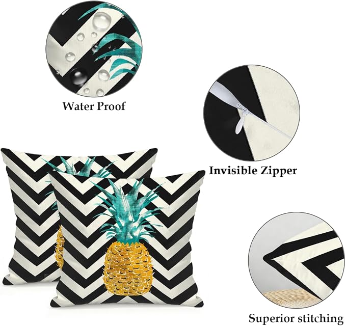 16x16 Inch Outdoor Pillow Covers Set of 2 Waterproof Throw Pillow Covers Decorative Couch Cushion Covers Pineapple On Stripes Square Pillowcases Protectors for Patio Garden Sofa
