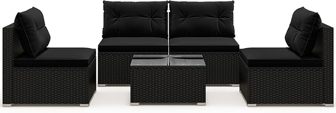 DORTALA 5 Piece Wicker Patio Furniture Set, PE Rattan Outdoor Sectional Conversation Set with Tempered Glass Coffee Table, 4 Chairs for Deck, Backyard, Poolside, Black