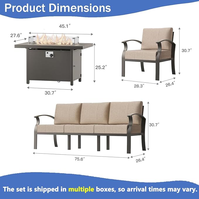 Aluminum Outdoor Patio Furniture Set,5 Pieces 8 Seats Patio Conversation Sets with 45" Propane Fire Pit Table,Metal Patio Sectional Furniture Set w/5.1" Cushions for Porch,Deck,Backyard,Sand