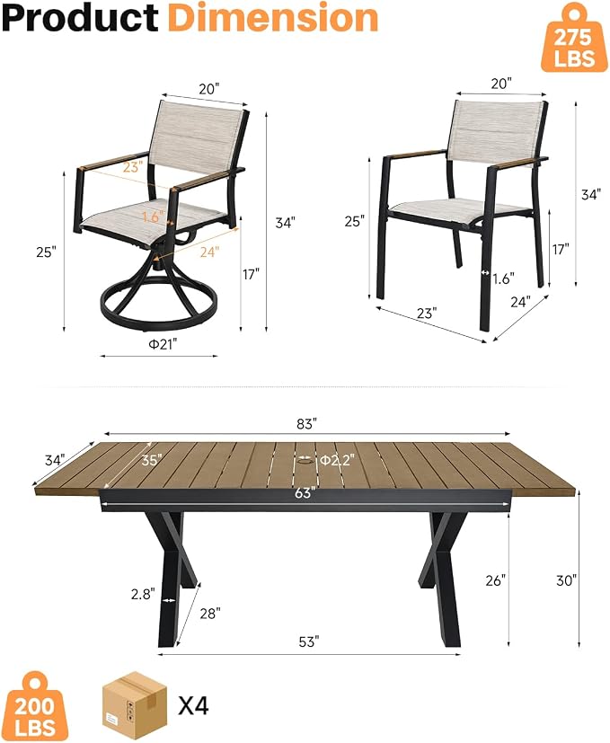 Teak Extendable Patio Dining Set for 8, Aluminum Outdoor Dining Set with 2 Swivel Chairs, Expandable Dining Table and 6 Stackable Double-Layer Textilene Chairs, Patio Table and Chairs Set