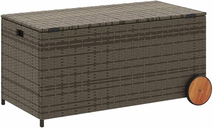 Outdoor Rattan Wicker Garden Storage Box with Wheels, Patio Deck Storage Box, Patio Storage Container for Indoor, Patio Furniture Cushions, Gray 50.2 Gal Poly Rattan,-227