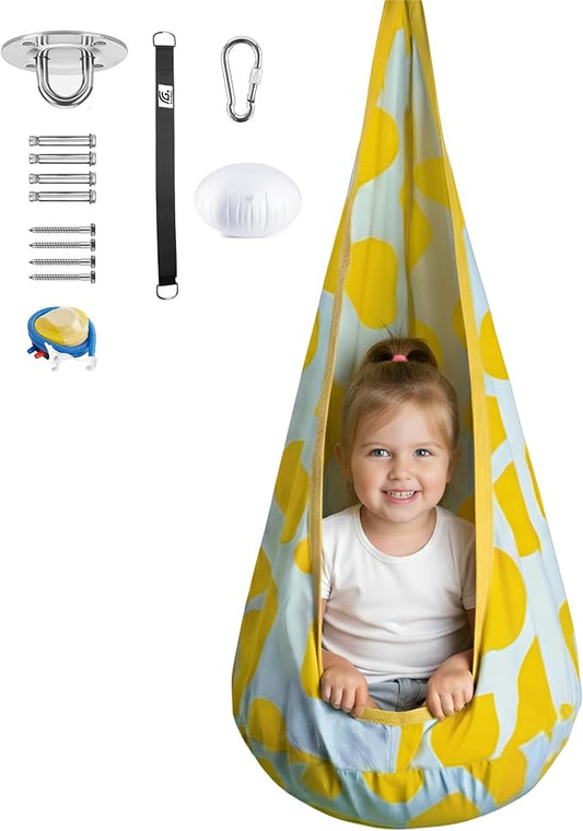 Calming Sensory Swing - Indoor Sensory Hammock for Kids & Adults, Supports up to 170 lb (77 kg), Double-Layer Canvas Fabric, Hanging Hardware Included, White-Yellow